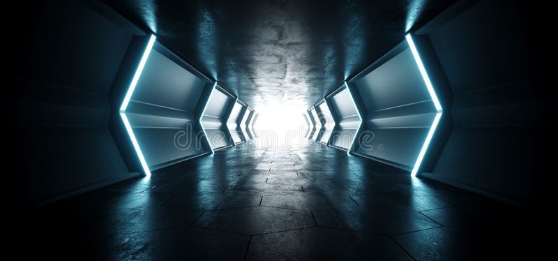 Navă extraterestră futuristă cu lumină albastră neon, reflectând un coridor gol de tunel luminos cu textură metalică reflectorizan vector illustration