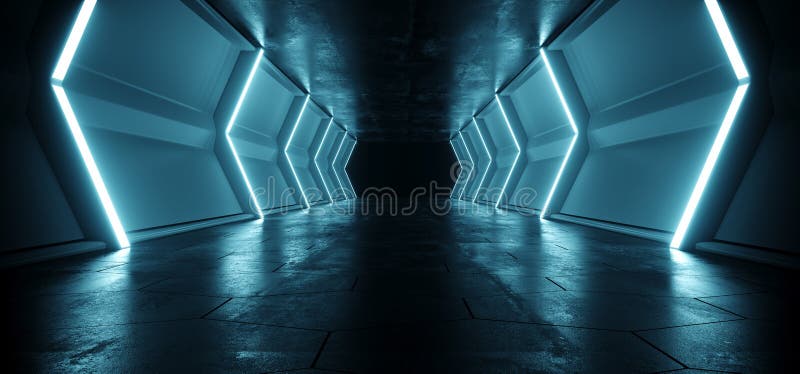Navă extraterestră futuristă cu lumină albastră neon, reflectând un coridor gol de tunel întunecat cu textură metalică reflectoriz royalty free illustration