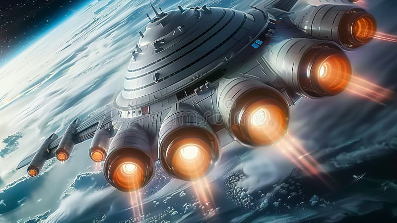 Navă spațială futuristă masivă plutind pe orbita Pământului cu un sistem de propulsie strălucitor, argintiu și strălucitor. royalty free illustration