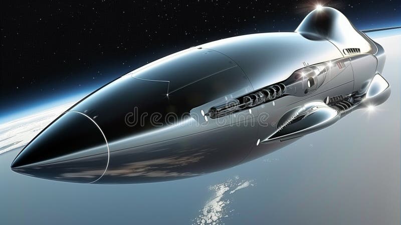 Navă spațială futuristă masivă plutind pe orbita Pământului cu un sistem de propulsie strălucitor, argintiu și strălucitor. royalty free illustration