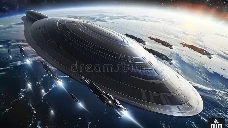 Navă spațială futuristă masivă plutind pe orbita Pământului cu un sistem de propulsie strălucitor, argintiu și strălucitor. vector illustration