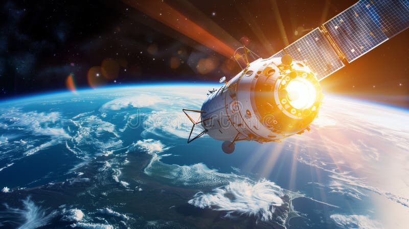 Navă spațială futuristă masivă plutind pe orbita Pământului cu un sistem de propulsie strălucitor, argintiu și strălucitor. stock illustration