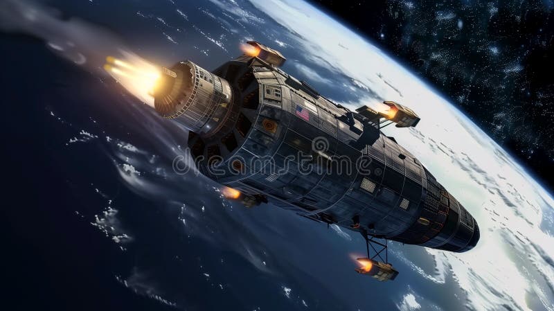 Navă spațială futuristă masivă plutind pe orbita Pământului cu un sistem de propulsie strălucitor, argintiu și strălucitor. stock illustration