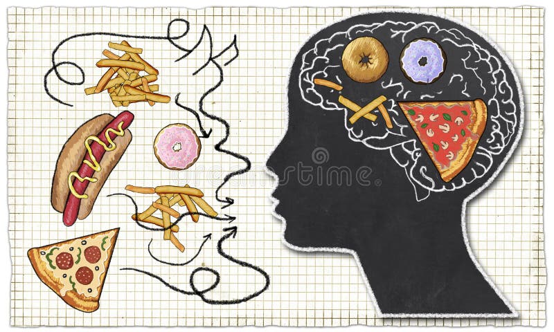 Nałóg ilustrujący z fastem food i mózg