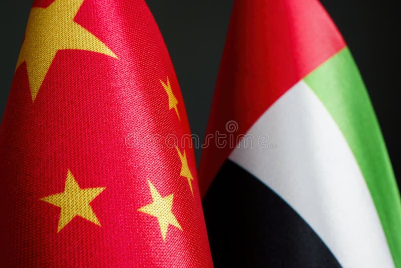 Near the Flags of China and the United Arab Emirates UAE. Stock Photo