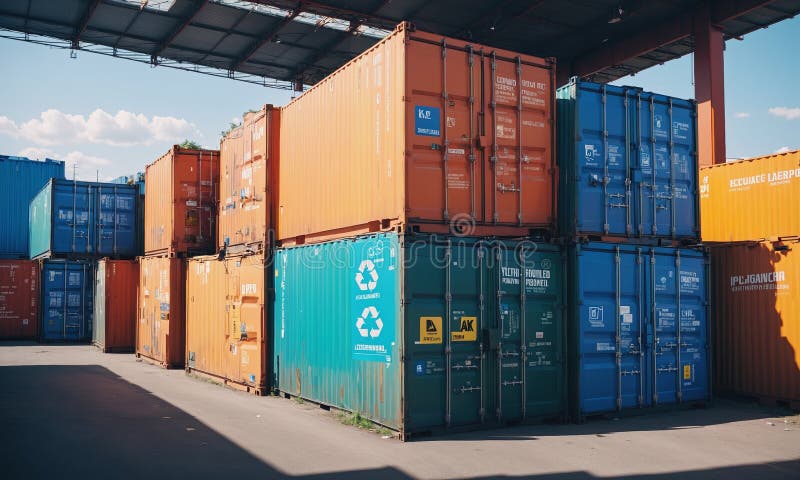 A neat arrangement of colorful shipping containers stacked outdoors under a clear blue sky. AI generated. A neat arrangement of colorful shipping containers stacked outdoors under a clear blue sky. AI generated