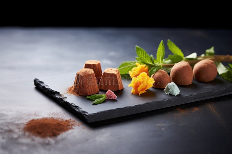 Neat row of chocolate truffles on a dark slate board, with cocoa, created with generative ai AI generated