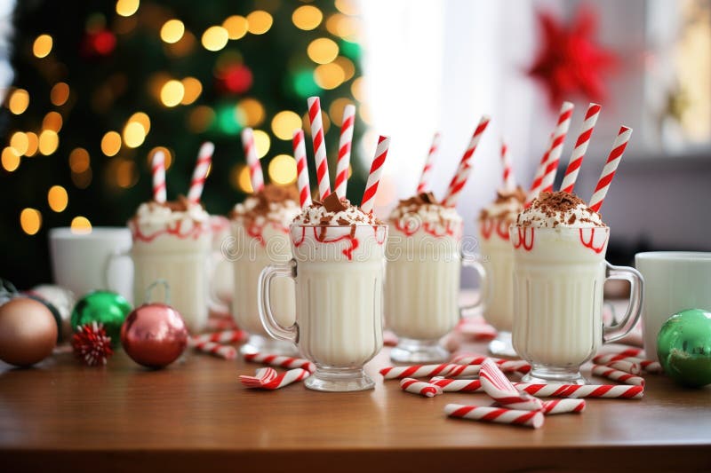 A neat row of peppermint mochas ready for a holiday party, with string lights above royalty free stock images