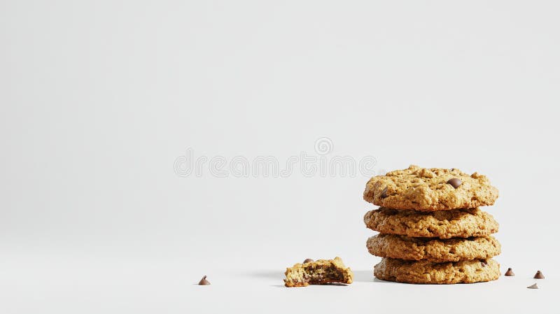 A neat stack of four freshly baked chocolate chip cookies on a white surface, with a few scattered chocolate chips stock photo