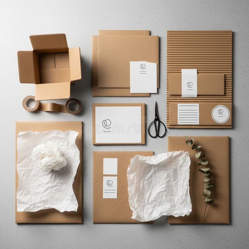 A neatly arranged collection of packaging materials is displayed on a light surface. Elements include a partially open cardboard box sheets of brown corrugated and flat cardboard rolled brown tape white paper cards with a simple logo and black scissors. A crumpled sheet of tissue paper and an eucalyptus branch Eucalyptus species are also present. The layout suggests a minimalist and eco friendly aesthetic suitable for branding or gift wrapping. Packaging tape logo illustrations