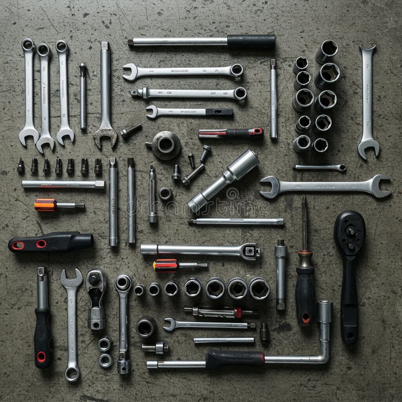 A neatly arranged collection of various hand tools on a textured gray surface. The assortment includes open-end wrenches, socket wrenches, socket extensions, and screwdrivers. The tools are made of metal, primarily steel, with some handles featuring plastic grips for comfort. This type of organization suggests a well-maintained workshop or repair kit, allowing easy access and identification for efficient work. Suitable for mechanical tasks, each tool serves a specific function in assembly or maintenance tasks.