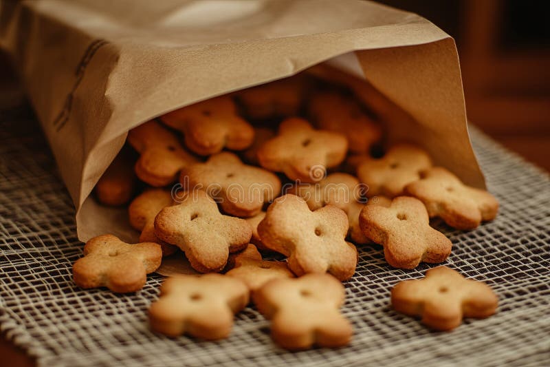 Neatly arranged dog biscuits in a stylish paper bag, placed on a clean stock image