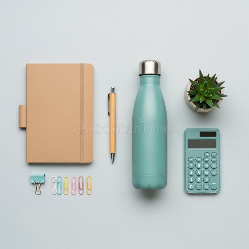 A neatly arranged flat lay of office essentials on a light background royalty free illustration