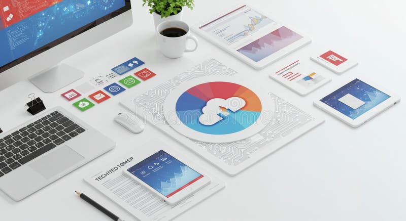 A neatly organized office desk features a laptop, a computer monitor displaying royalty free illustration