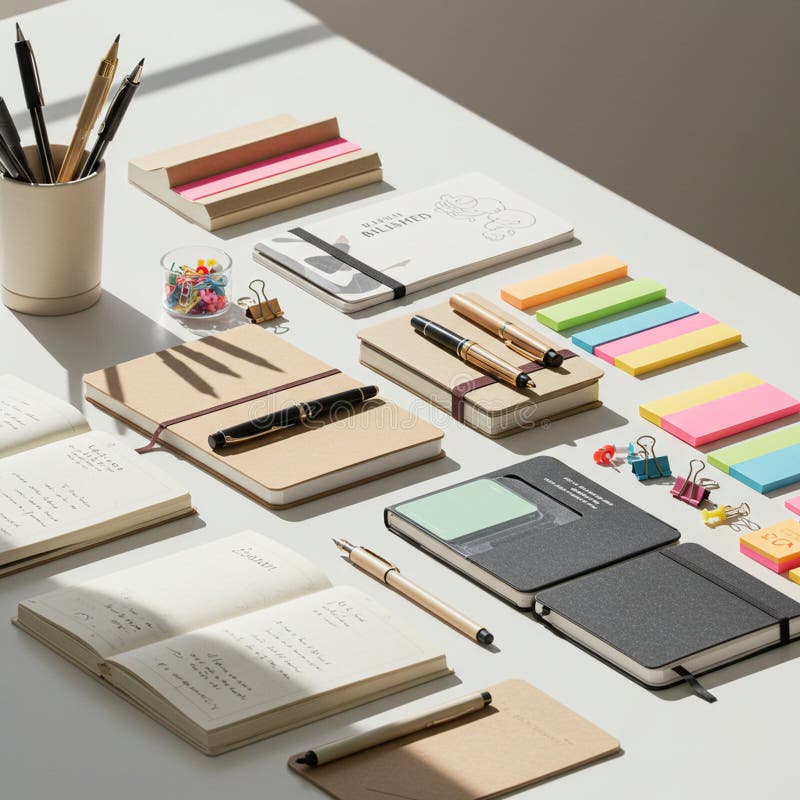 Neatly organized office supplies on a white desk include notebooks with beige and stock illustration