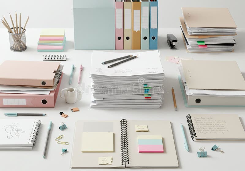 A neatly organized office workspace featuring stacks of papers, colorful ring binders vector illustration