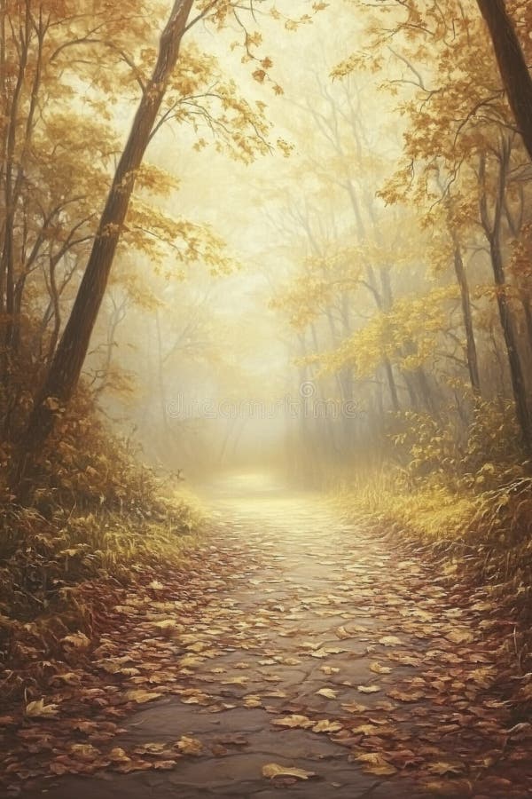 Nebelwaldweg mit goldenen Blättern vektor abbildung