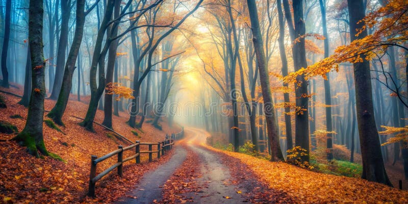 Nebelwaldweg mit goldenen Blättern lizenzfreie abbildung
