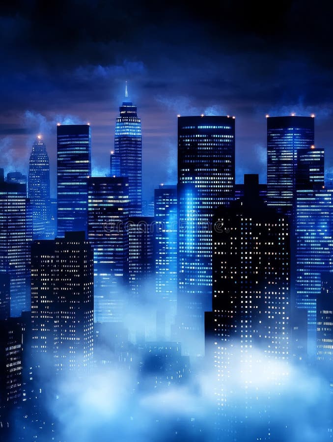 Neblina de ciudad nocturna iluminada horizonte misterioso escena nocturna urbana nebulosa paisaje de la ciudad iluminados edificio stock de ilustración