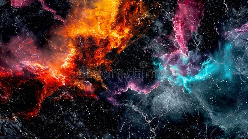 Nebulosa astratta e colorata con nuvole girevoli di viola arancione e blu impostato su uno sfondo scuro evocando un illustrazione di stock