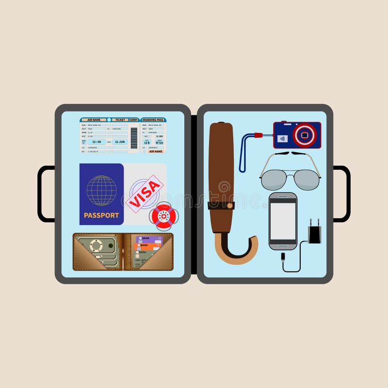 Necessary things for travel in an open briefcase on a light background. Top view. Vector flat design. royalty free illustration Necessary things for travel in an open briefcase on a light background. Top view. Vector flat design. royalty free illustration