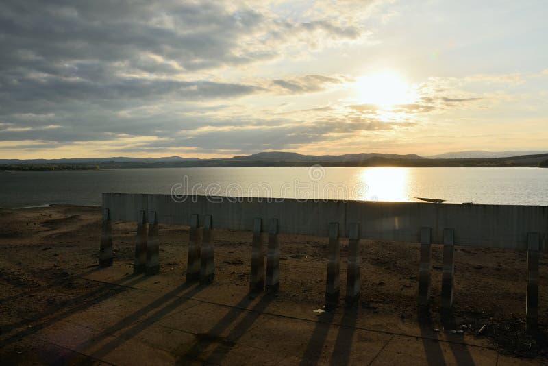 Nechranice dam during reconstruction at sunset on 15th September 2018 stock photos Nechranice dam during reconstruction at sunset on 15th September 2018 stock photos