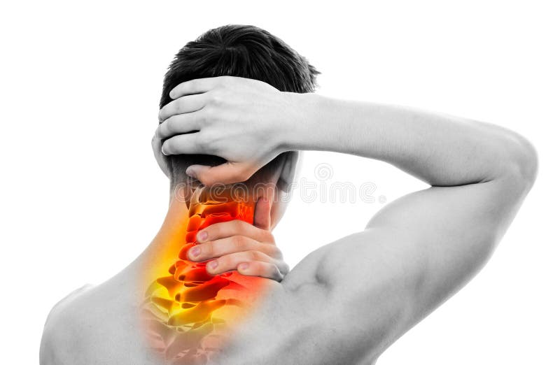 Cuello dolor masculino atleta posesión cabeza a cuello columna vertebral Área en blanco.