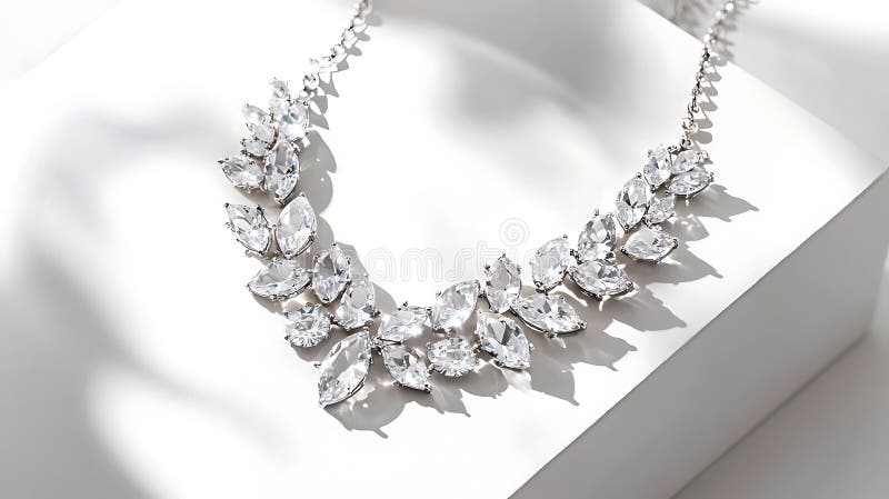 Necklace with a large white crystal pendant is displayed on a white surface stock image