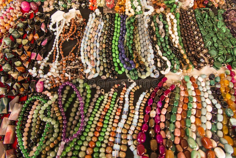 Necklaces of colored stones or beads on the market stall in Yerevan royalty free stock image Necklaces of colored stones or beads on the market stall in Yerevan royalty free stock image