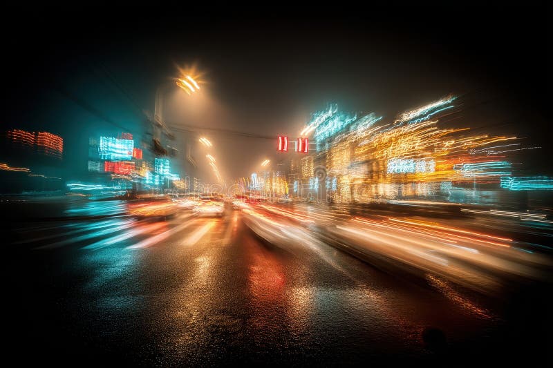 Neclaritate ușoară a luminilor de trafic ale orașului care țes printr-un peisaj urban nocturn stock photos