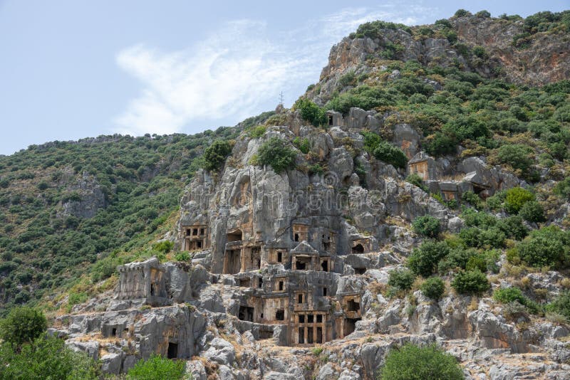 Türkiye'deki Myra antik kentinin Likya kaya mezarlarının nekropolü.  Antalya, Demre'deki Myra antik kentinin Likya kaya mezarlarının nekropolü Telifsiz Stok Imajlar