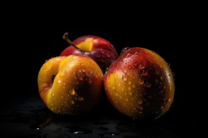 Nectarine with Drops on Black Gradient Background. Generative AI Stock