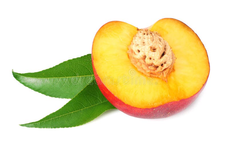 Nectarine with Green Leaf Isolated on a White Background Stock Photo