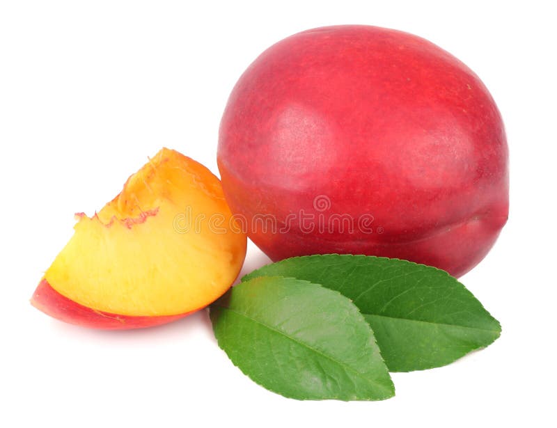 Nectarine with Green Leaf and Slices Isolated on White Background