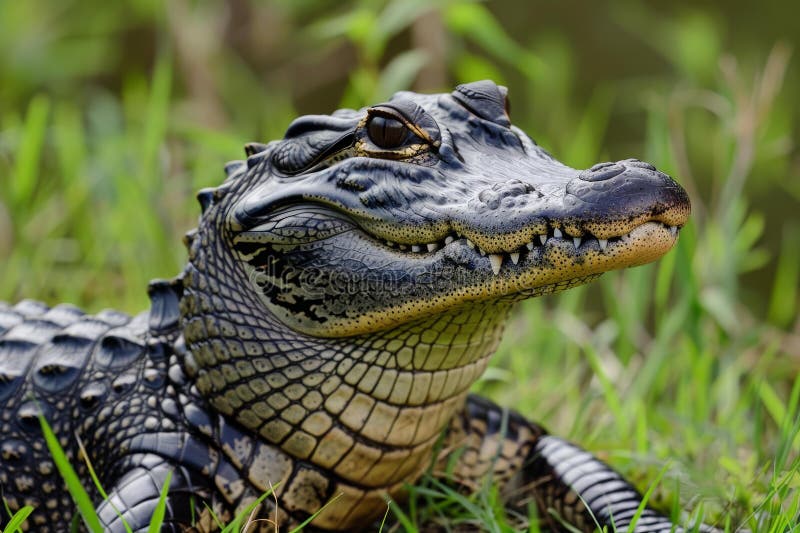 Nedläggning av en leende ung alligator i gräs royaltyfria bilder
