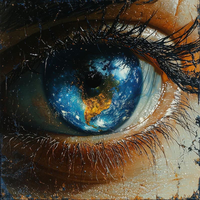 Nedläggning av jord som reflekterar människans ögon på en surrealistisk scen arkivfoto