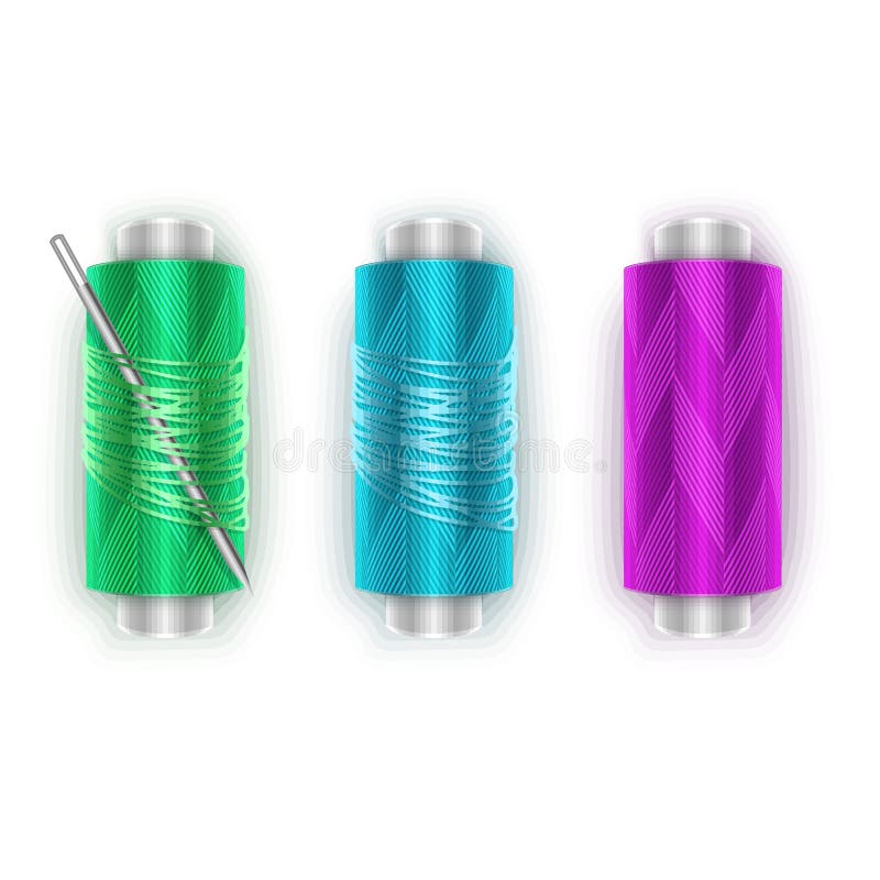 Needle and Threads. Silver Needle, Stack of 3 Spools of Vivid Thread