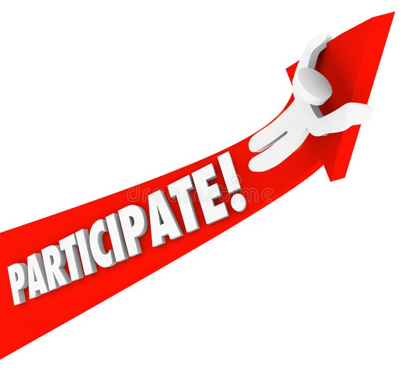 The word participate on a red arrow and a person riding up to illustrate joining a club, association or group to build skills, collaborate, experience teamwork. The word participate on a red arrow and a person riding up to illustrate joining a club, association or group to build skills, collaborate, experience teamwork