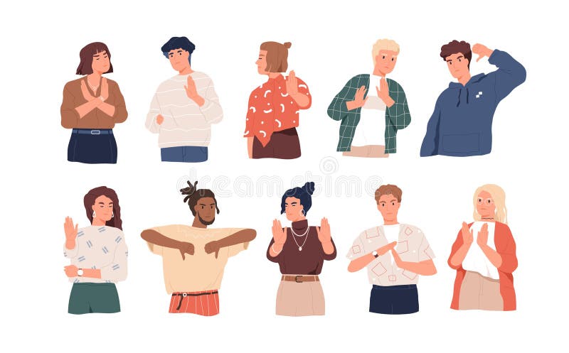 Negative gestures flat vector illustrations set. Finger language, non verbal communication. People disagree and