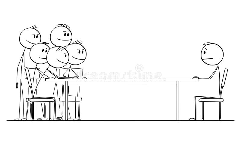 Negociación o entrevista de trabajo un hombre sentado en la mesa contra el grupo de empresarios vector figura de palo de dibujos a libre illustration