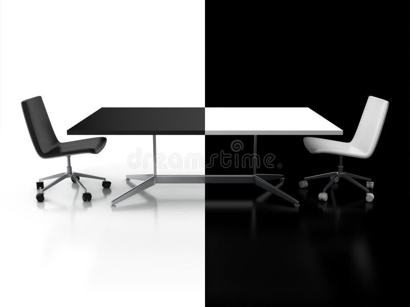 Negotiations, confrontation 3d concept - black and white desk. Negotiations, confrontation 3d concept - black and white desk