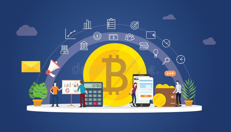 Negocio de dinero digital del cryptocurrency de Bitcoin con los iconos de la moneda de oro y la gente del equipo que trabajan jun ilustración del vector Negocio de dinero digital del cryptocurrency de Bitcoin con los iconos de la moneda de oro y la gente del equipo que trabajan jun ilustración del vector