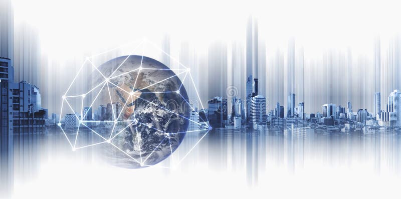 Negocio y establecimiento de una red global, globo de la exposición doble con las líneas de la conexión de red y edificios modern