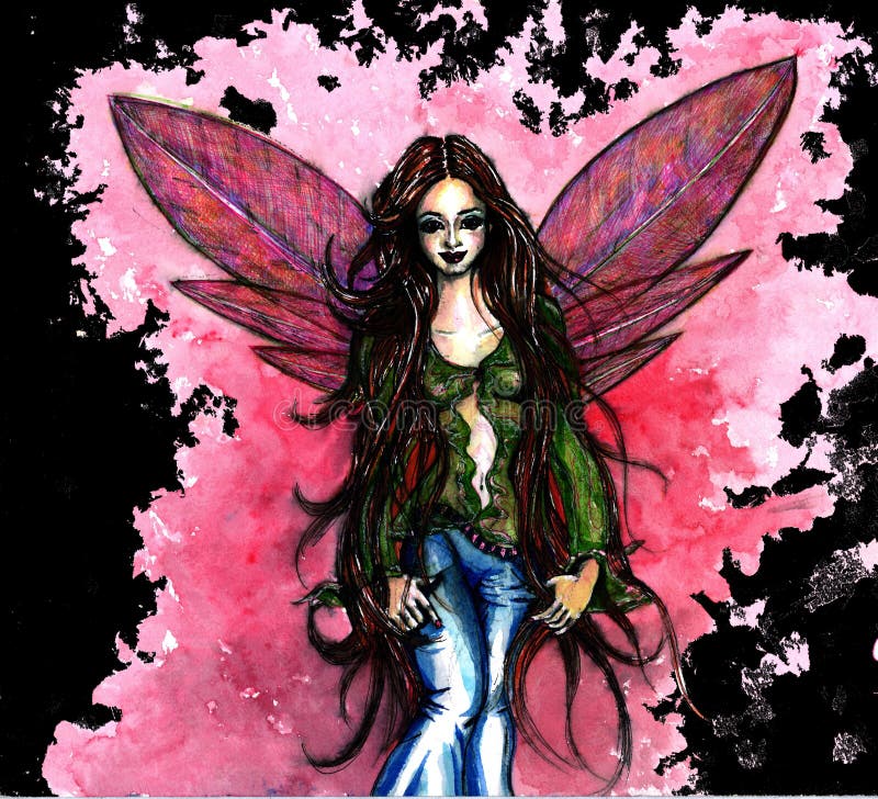 An illustration of a winged fairy wearing blue jeans and green blouse on pink and red background. . An illustration of a winged fairy wearing blue jeans and green blouse on pink and red background.