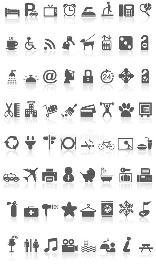 Negro de la colección de los iconos del hotel en blanco stock de ilustración Negro de la colección de los iconos del hotel en blanco stock de ilustración
