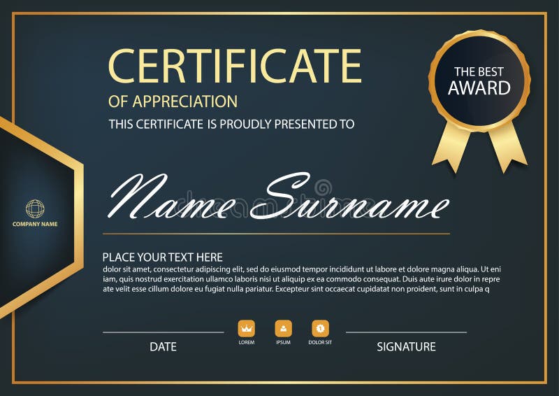 Negro y certificado horizontal de la elegancia del oro con el ejemplo del vector, plantilla blanca del certificado del marco con stock de ilustración
