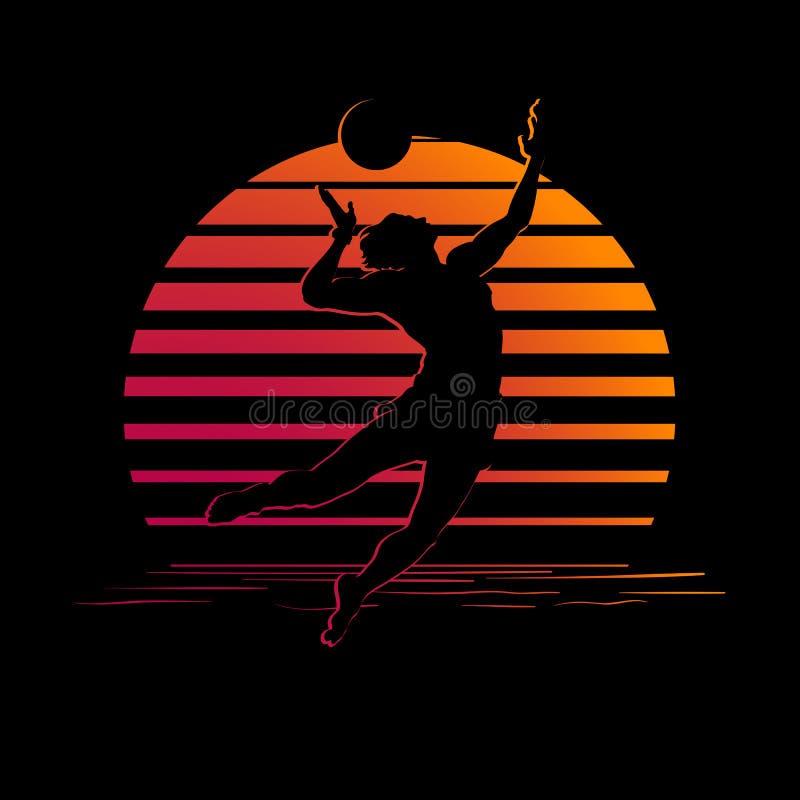 Negro y naranja raya el logotipo con la silueta del jugador de voleibol stock de ilustración Negro y naranja raya el logotipo con la silueta del jugador de voleibol stock de ilustración