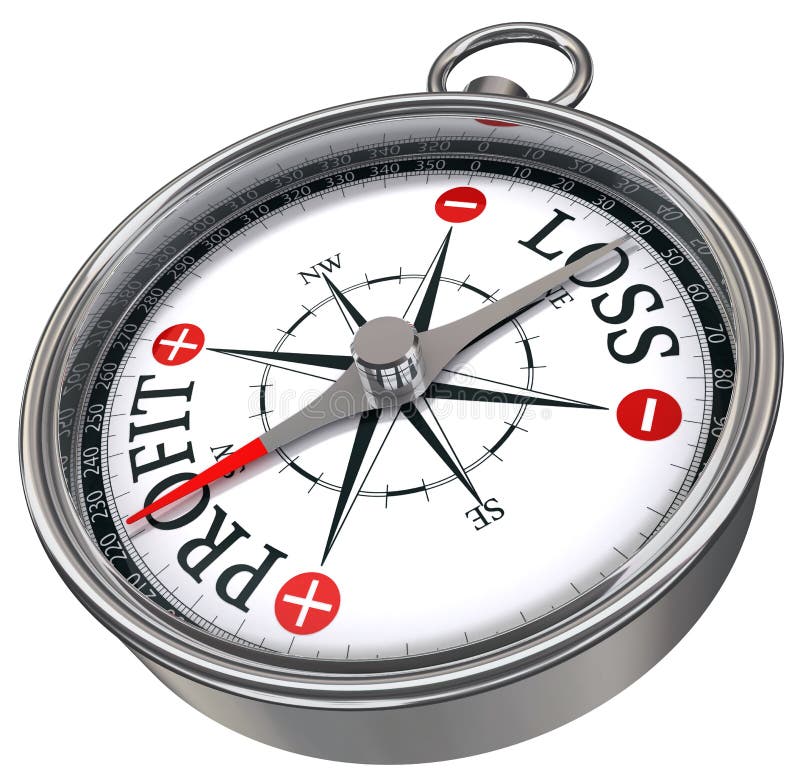 Profit versus loss words on compass business conceptual image with red plus and minus isolated on white background. Profit versus loss words on compass business conceptual image with red plus and minus isolated on white background