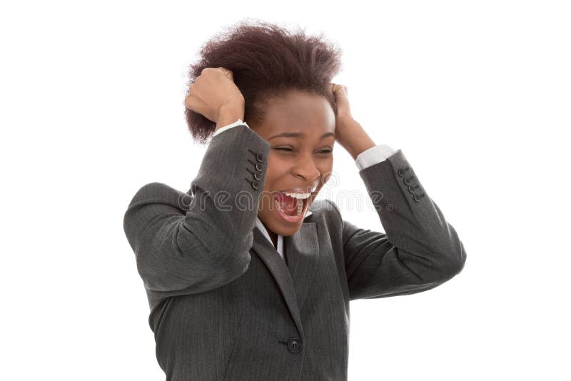 Negócio: mulher negra frustrante que retira o cabelo que grita o isolador fotografia de stock royalty free Negócio: mulher negra frustrante que retira o cabelo que grita o isolador fotografia de stock royalty free