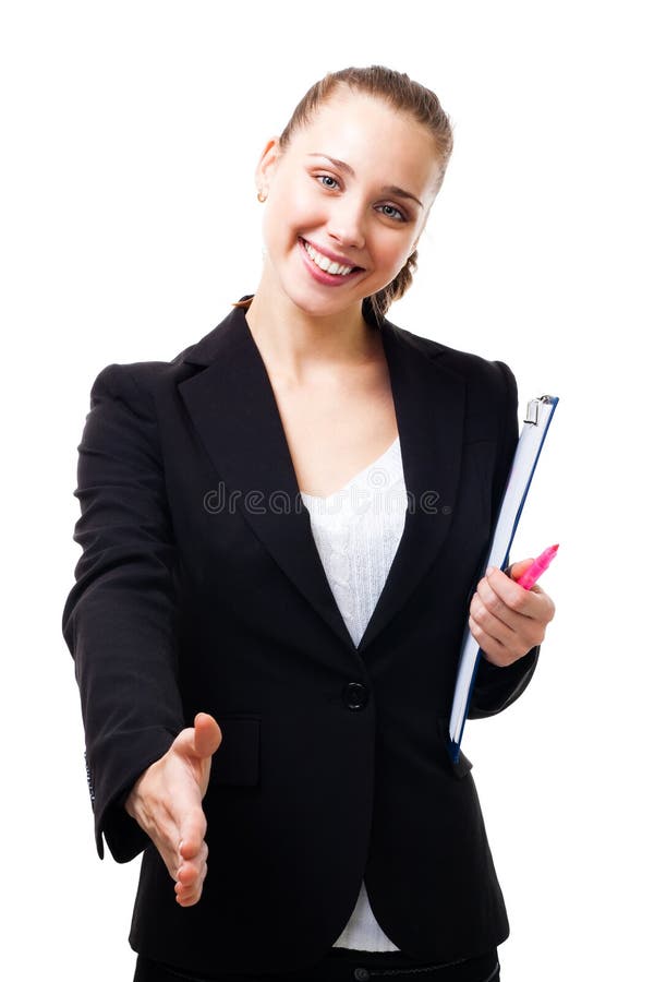 Negócio - mulher sorri e aperta a mão imagem de stock